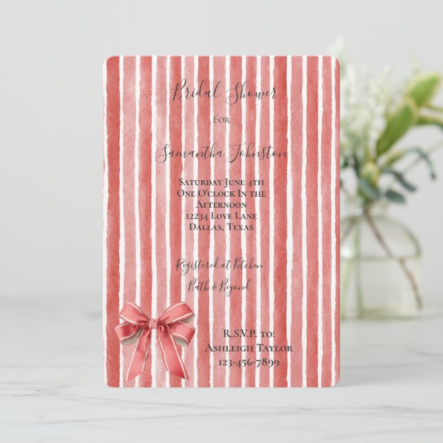 Invitation Pink Red Stripes Bow Bridal Shower (Debout devant)