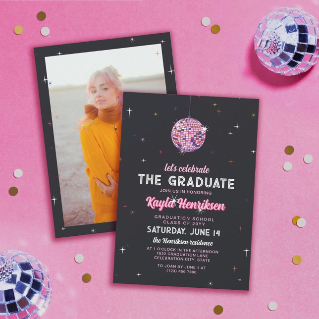 Invitation Pink Retro Discoball & Flares Graduation Party (Créateur téléchargé)