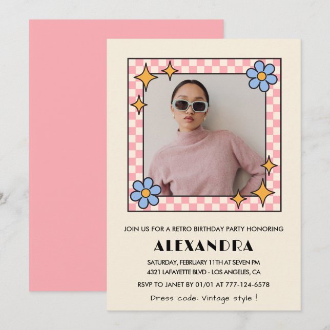 Invitation Pink Retro Floral Photo 34e anniversaire invitatio (Devant / Derrière)