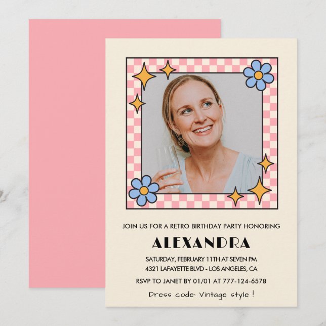 Invitation Pink Retro Floral Photo 48e anniversaire invitatio (Devant / Derrière)