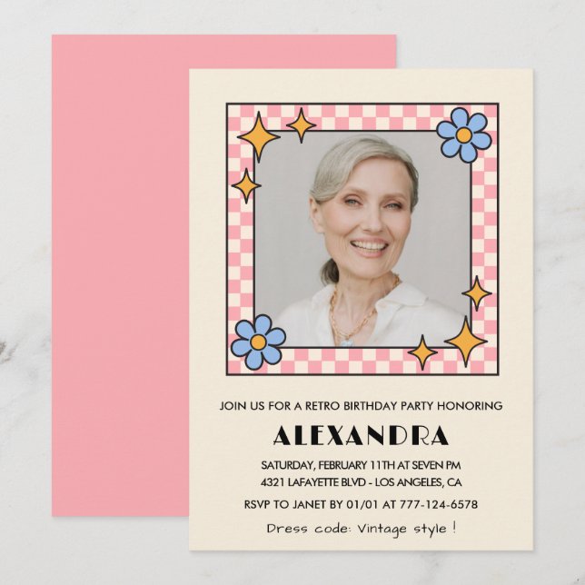 Invitation Pink Retro Floral Photo 89e anniversaire invitatio (Devant / Derrière)