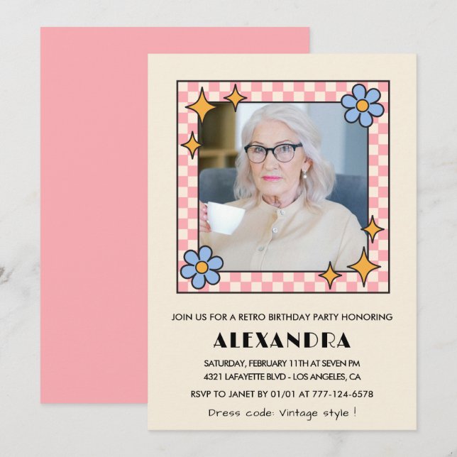 Invitation Pink Retro Floral Photo 98e anniversaire invitatio (Devant / Derrière)
