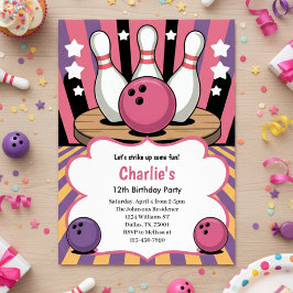 Invitation Pink Retro Girls Bowling Birthday Party