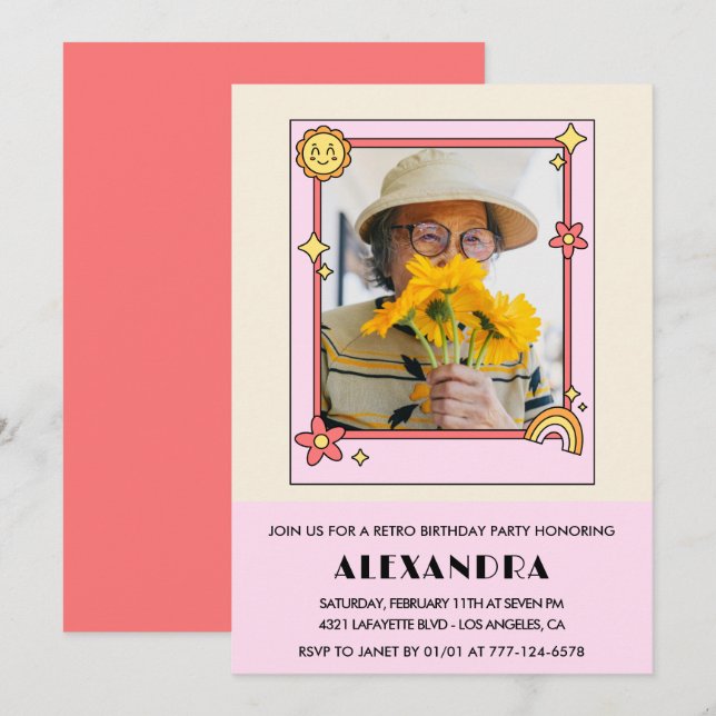 Invitation Pink Retro les années 70 photo Super 98e anniversa (Devant / Derrière)