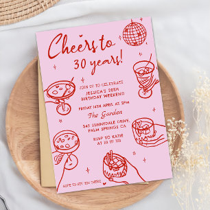 Invitation Pink Retro Main dessinée Funky Anniversaire Party