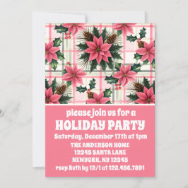 Invitation Pink Retro Noël Floral Plaid Joyeux Noël