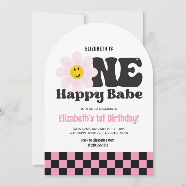 Invitation Pink Retro One Happy Babe 1er anniversaire (Devant)