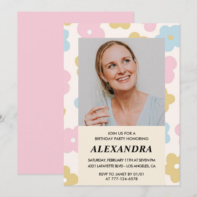 Invitation Pink Retro Photo Floral 64e anniversaire invitatio (Devant / Derrière)