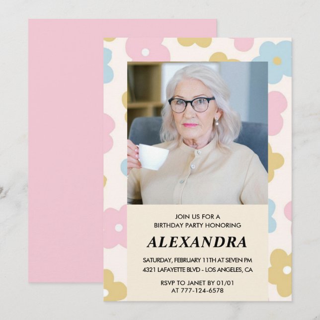 Invitation Pink Retro Photo Floral 98e anniversaire invitatio (Devant / Derrière)