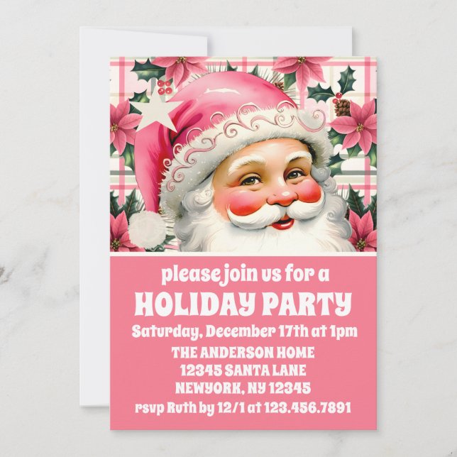 Invitation Pink Retro Santa Claus Floral Plaid Noël (Devant)