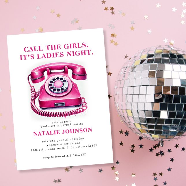 Invitation Pink Retro Téléphone Appelez la Fille Bachelorette (Get ready to celebrate the bride-to-be with our Pink Retro Phone Bachelorette Party Invitation!)