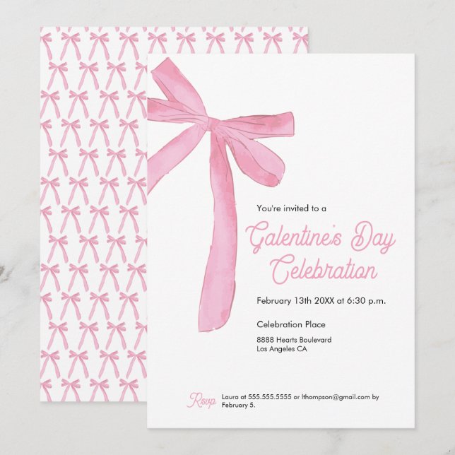 Invitation Pink Ribbon Bow Girly la fête de la Saint-Galentin (Devant / Derrière)