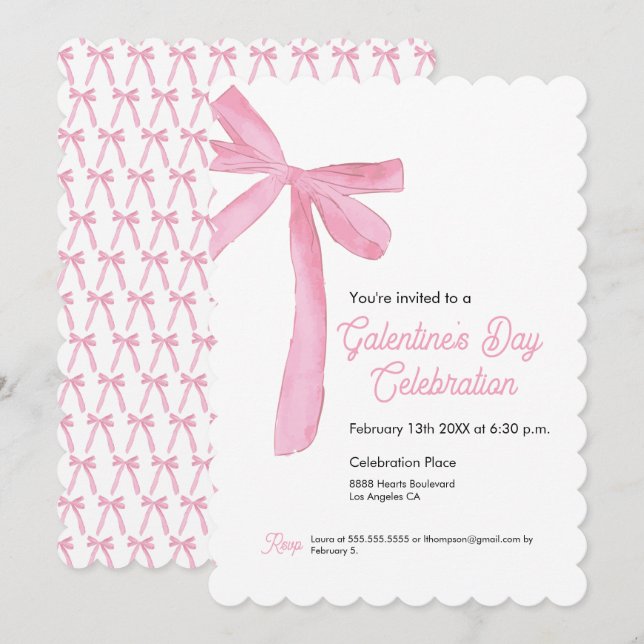 Invitation Pink Ribbon Bow Girly la fête de la Saint-Galentin (Devant / Derrière)