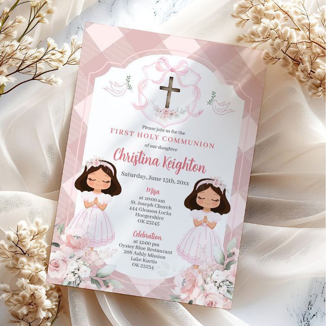 Invitation Pink Ribbon Crest Twins Girl First Holy Communion (Créateur téléchargé)