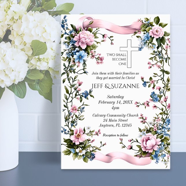 Invitation Pink Ribbon Floral Cross Deux deviennent un (Pink Ribbon Floral Cross Two Become One Invitations)