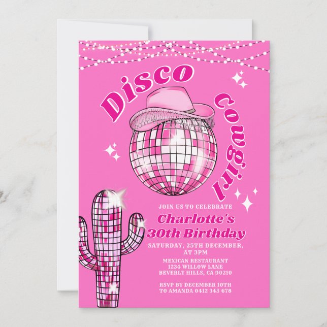Invitation Pink Rodeo Disco Cowgirl Bling Cactus Birthday (Devant)