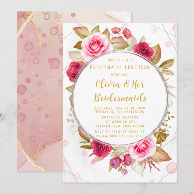 Invitation Pink Rose Géométrique Alcool Encre Bridesservantes (Devant / Derrière)