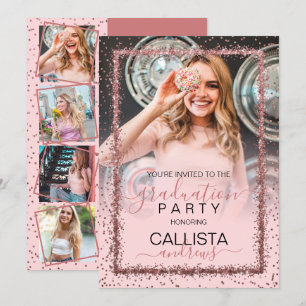 Invitation Pink Rose Gold Confetti Frontière photo Graduation