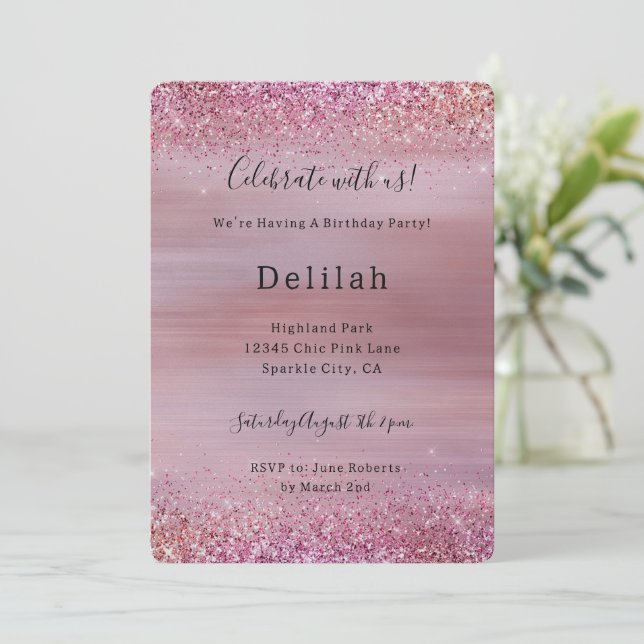 Invitation Pink Rose Gold Glitzy Glitter Birthday (Debout devant)