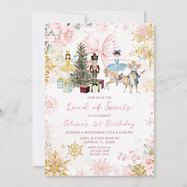Invitation Pink Rose Gold Nutcracker Christmas Bow Birthday (Devant)