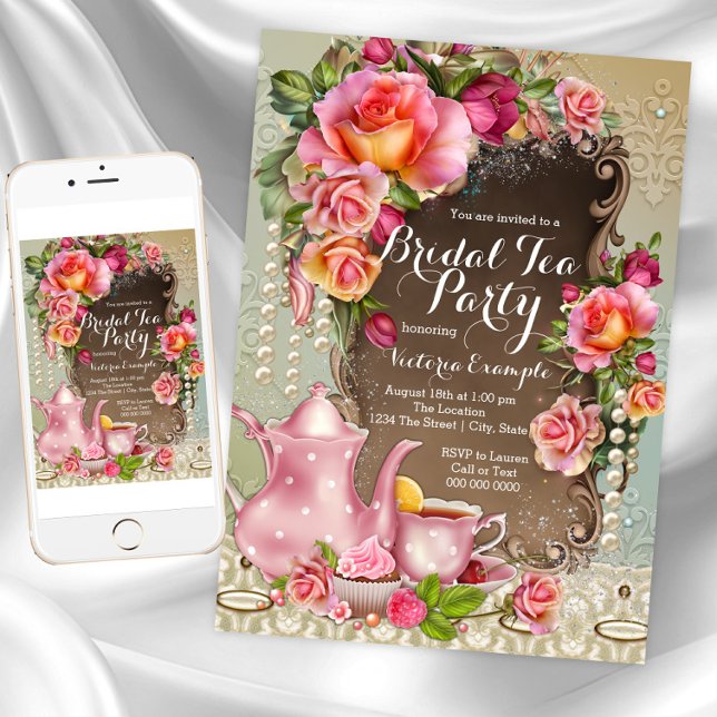 Invitation Pink Rose Pearl fête de thé nuptiale (Beautiful Bridal Tea Party Invitation. Instant download and printed invitations available.)