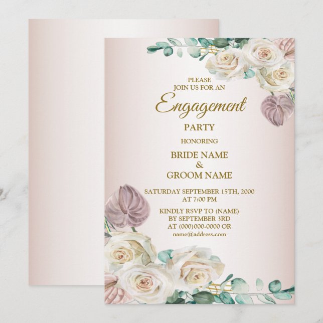 Invitation Pink Rose Watercolor Greenery Golden Engagement (Devant / Derrière)
