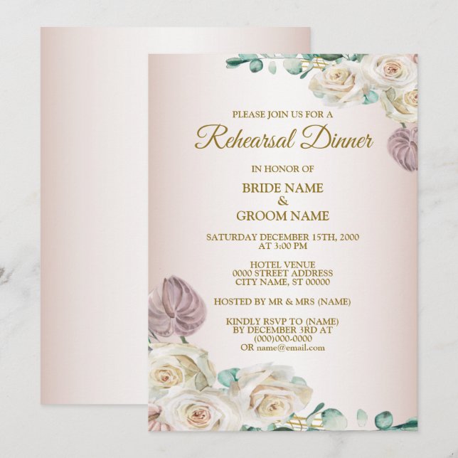 Invitation Pink Rose Watercolor Wedding Rehearsal Dinner (Devant / Derrière)