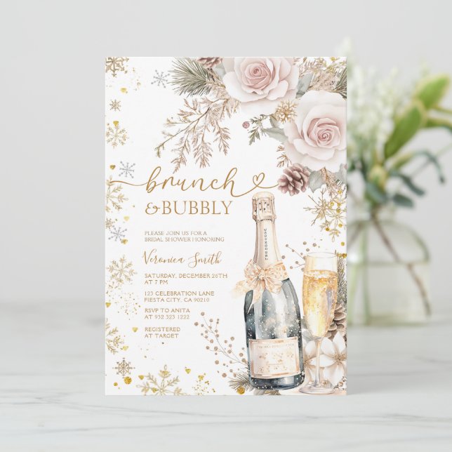 Invitation Pink Roses Brunch Bubbly Champagne Bridal Shower  (Debout devant)