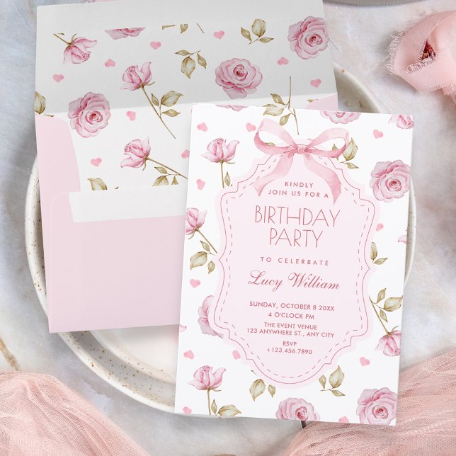Invitation Pink roses pattern bow birthday (Créateur téléchargé)