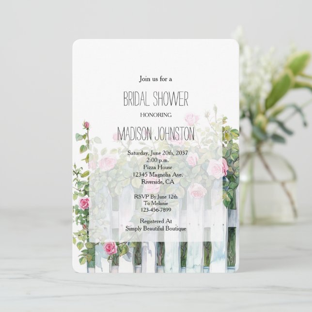 Invitation Pink Roses White Picket Fence Bridal Shower (Debout devant)