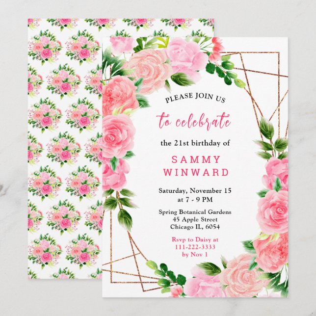 Invitation Pink Roses with Foliage Birthday (Devant / Derrière)
