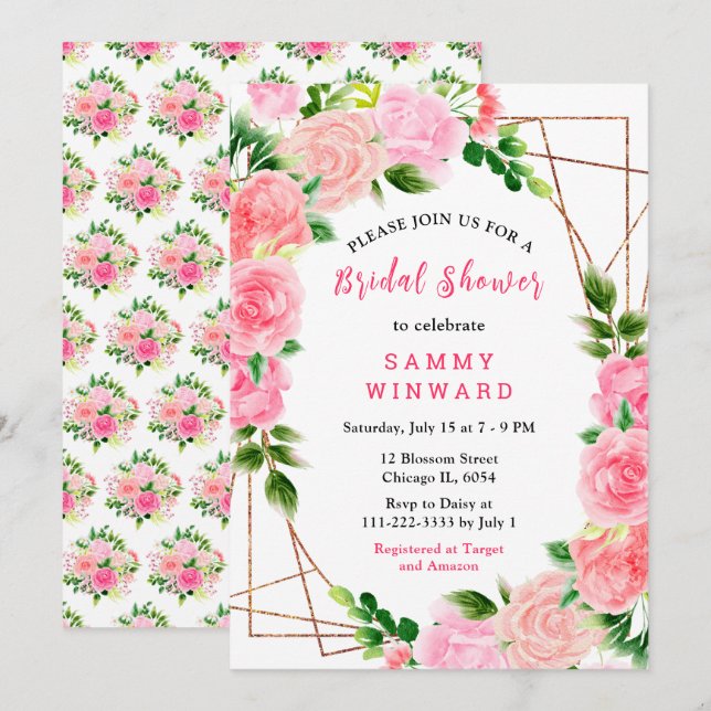 Invitation Pink Roses with Foliage Bridal Shower (Devant / Derrière)