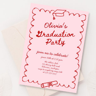 Invitation Pink Rouge Main dessinée Parti de Graduation