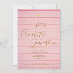 Invitation Pink Rustic Bois Script Baptême Christening