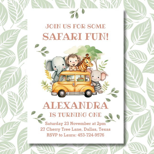 Invitation Pink Safari Animal Girl Jungle 1er Anniversaire (Créateur téléchargé)