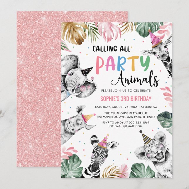 Invitation Pink Safari appelle tous les animaux de fête 3e an (Devant / Derrière)