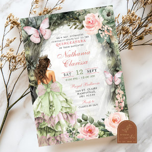 Invitation Pink Sage Green Forêt Whimsical Quinceanera