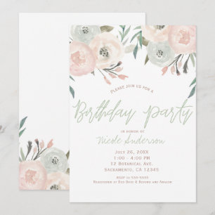 Invitation Pink Sage Mint Vert Floral moderne fête d'annivers