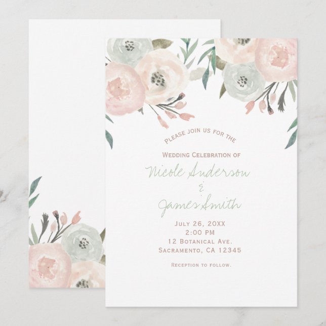 Invitation Pink Sage Mint Vert Mariage Floral moderne (Devant / Derrière)