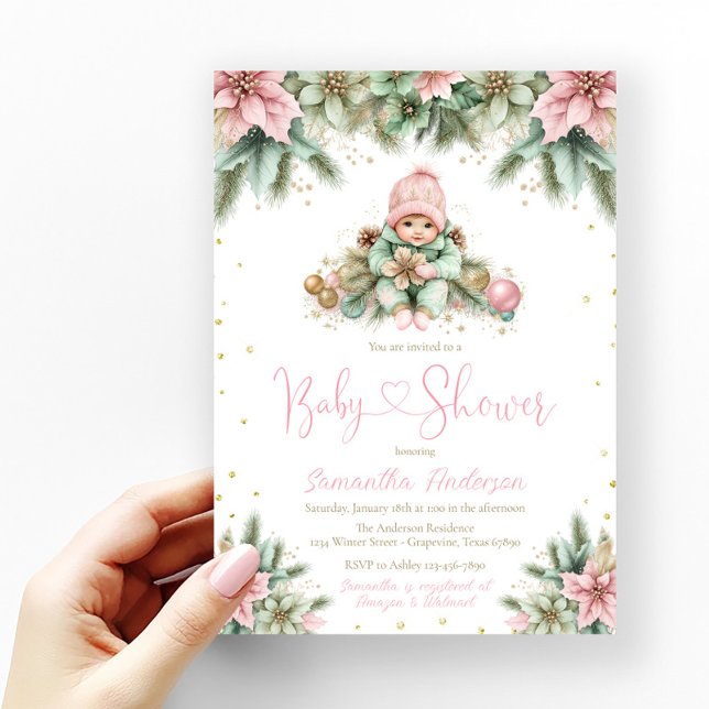 Invitation Pink Sage Vert Or Poinsettia Fille Noël (Baby girl pink, green and gold glitter winter holiday Christmas flowers baby shower invitation.)
