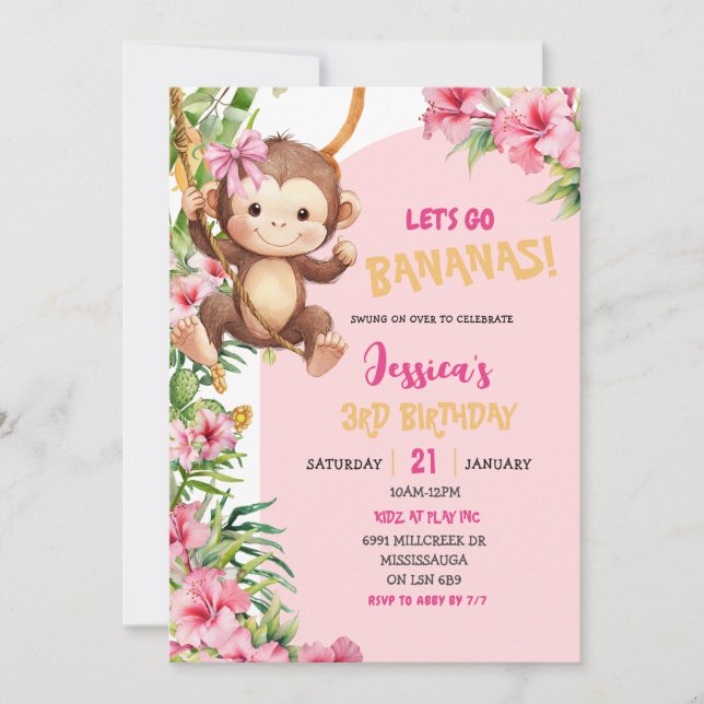 Invitation Pink Savannah Monkey Let's Go Bananas Birthday (Devant)