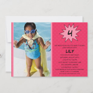 Invitation Pink Save the Day Superhero Photo Party Birthday
