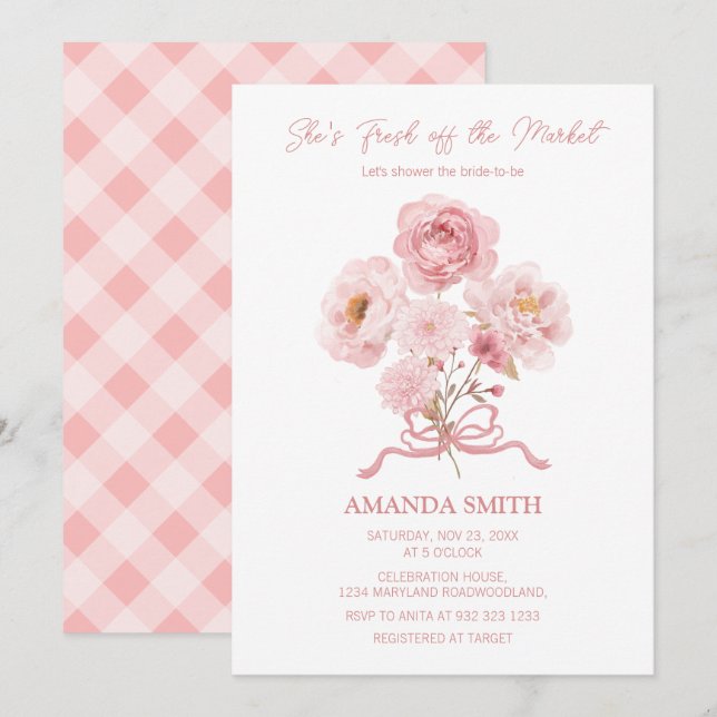 Invitation Pink She's Fresh Off the Market Bridal Shower  (Devant / Derrière)