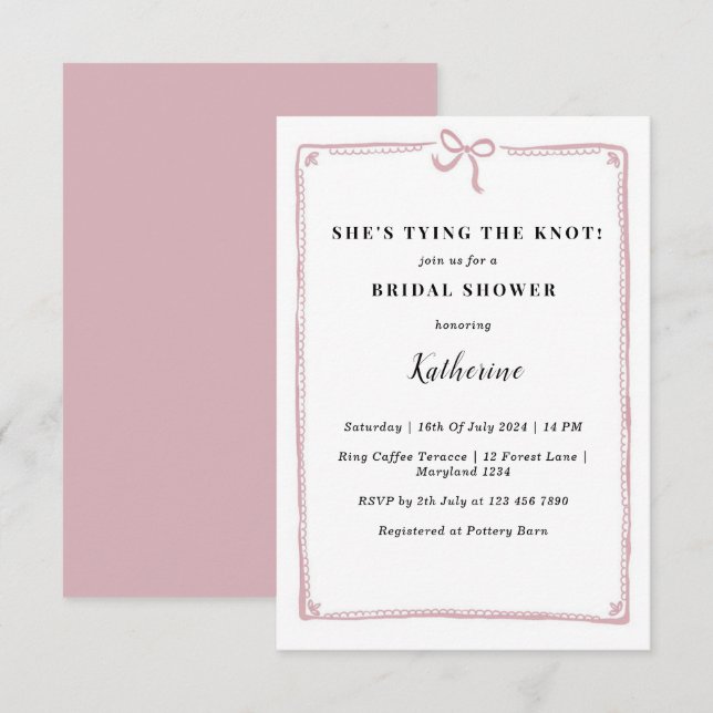 Invitation Pink She's Tying the Knot Bow Fête des mariées (Devant / Derrière)