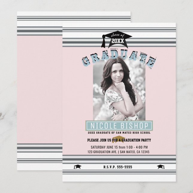 Invitation Pink Silver Blue Elegant Photo Graduation Party (Devant / Derrière)
