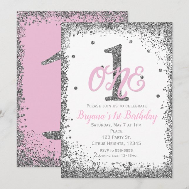 Invitation Pink & Silver Girls ONE 1er anniversaire (Devant / Derrière)