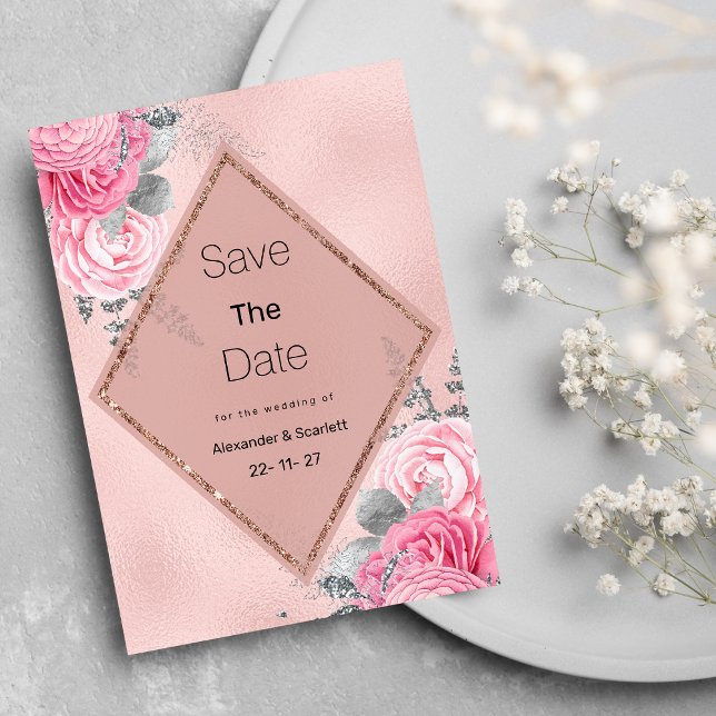 Invitation Pink silver glitter peony floral Save The Date (Pink silver glitter peony floral Save The Date )