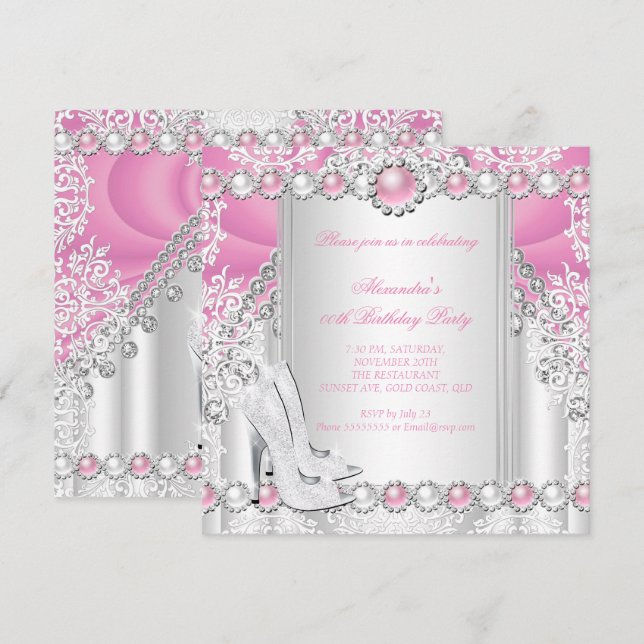 Invitation Pink Silver High Heels Pearthday Party 2 (Devant / Derrière)