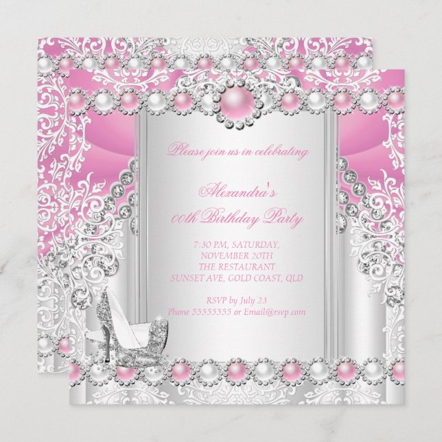 Invitation Pink Silver High Heels Pearthday Party 3 (Devant / Derrière)