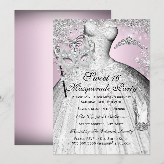 Invitation Pink Silver Princess Masquerade Sweet 16 Invitatio (Devant / Derrière)
